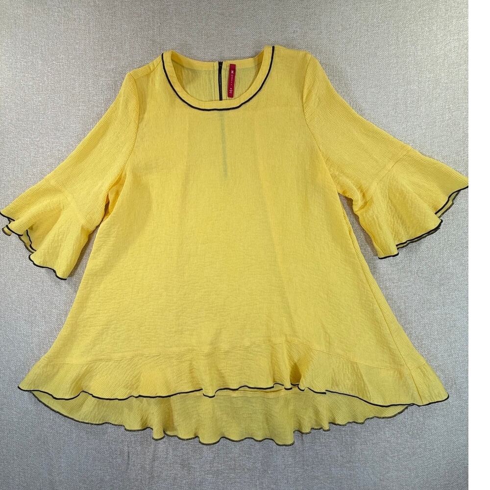 IC by Connie K Womens XL Yellow Black Piping 3/4 Sleeve Pullover Tunic Lagenlook